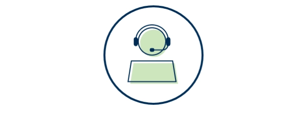 Icon depicting green figure with dark blue headset